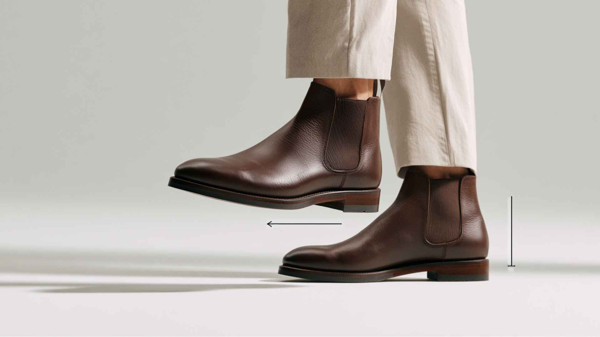 Realistic Chelsea boot fit showing a secure heel with minimal lifting while walking, illustrating proper heel placement.