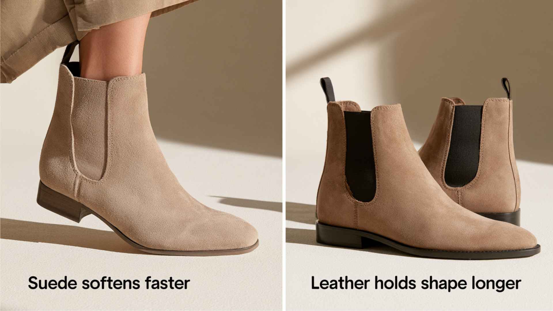 Realistic Chelsea boots comparison showing suede and leather materials with different break in changes and fit behavior over time