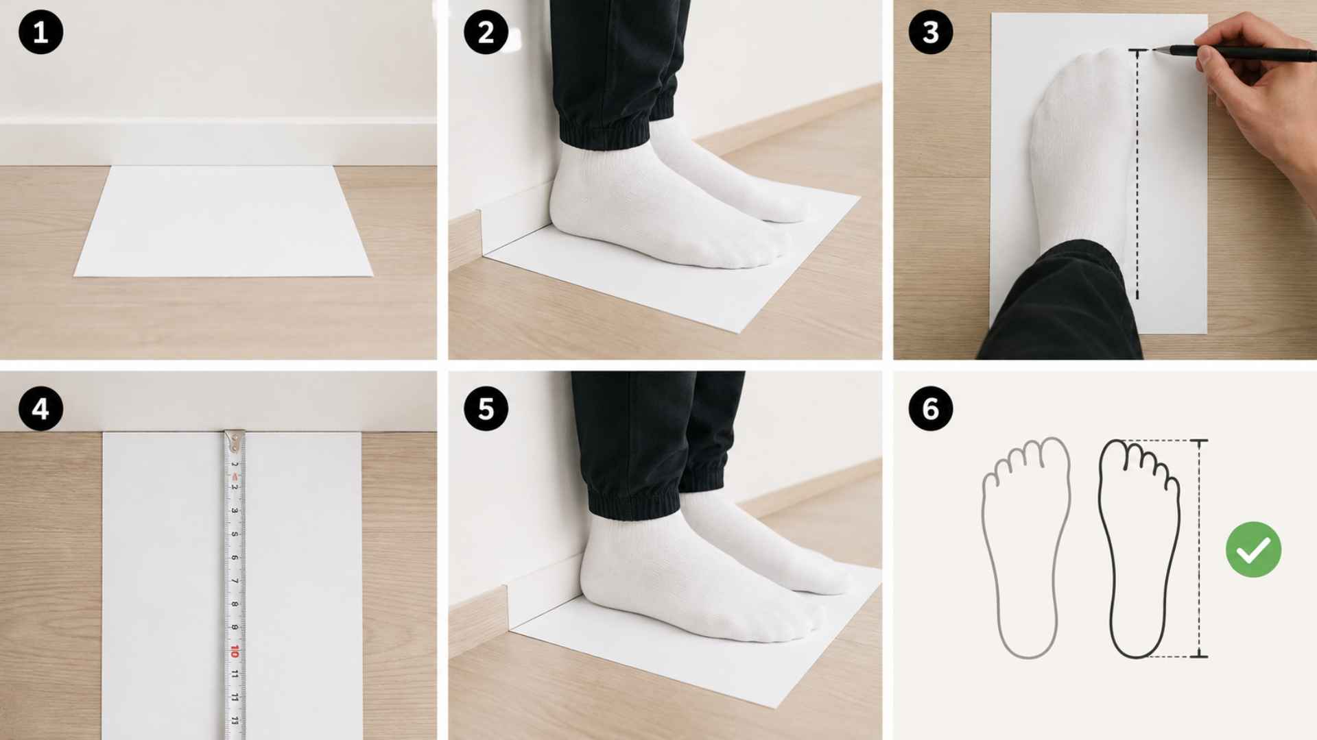 Realistic infographic showing a foot measurement process with paper wall placement marking toe and measuring length at home