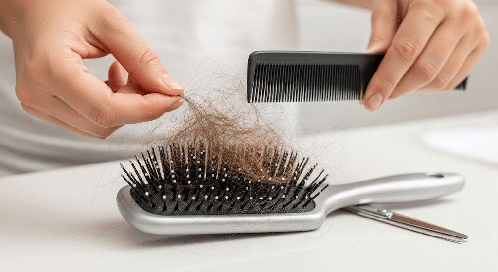 Removing trapped hair from a hairbrush using fingers and a wide tooth comb