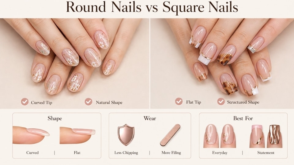 Side-by-side comparison of oval and almond nails showing nail shape, length suitability, durability, maintenance, and nail art styles.