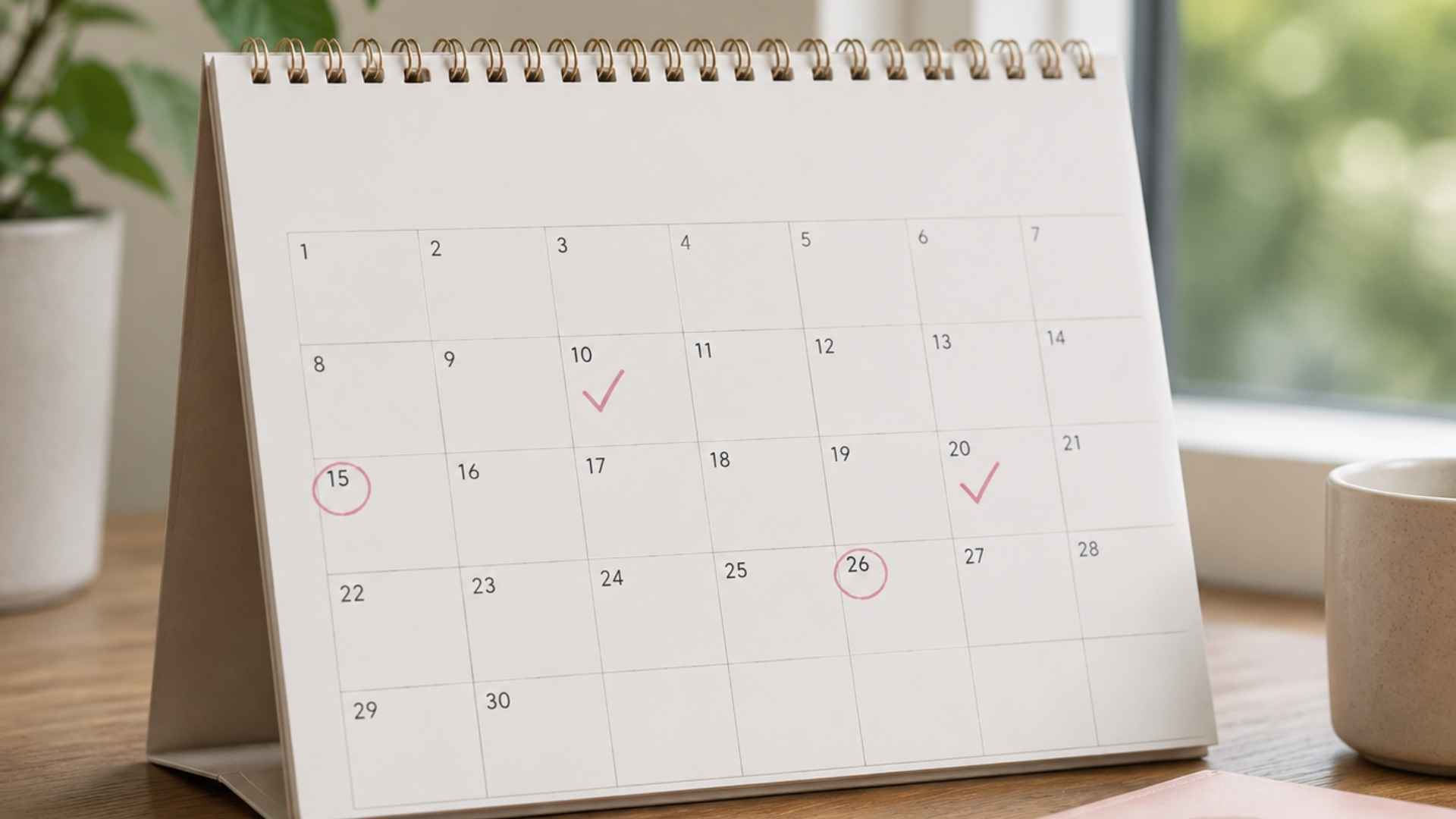Desk calendar with circled dates and check marks sits near a sunny window, plant and ceramic tea mug