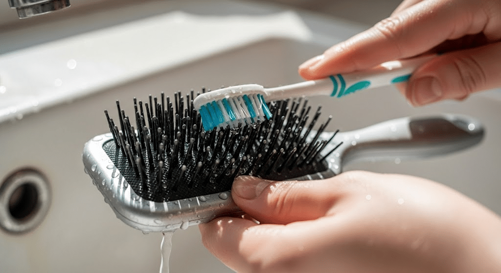 Old toothbrush scrubbing residue from the base of hairbrush bristles