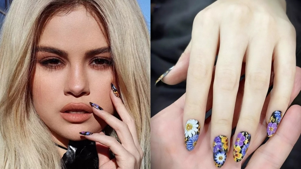 Selena Gomez's hand-painted florals and abstract swirls on a rounded base.