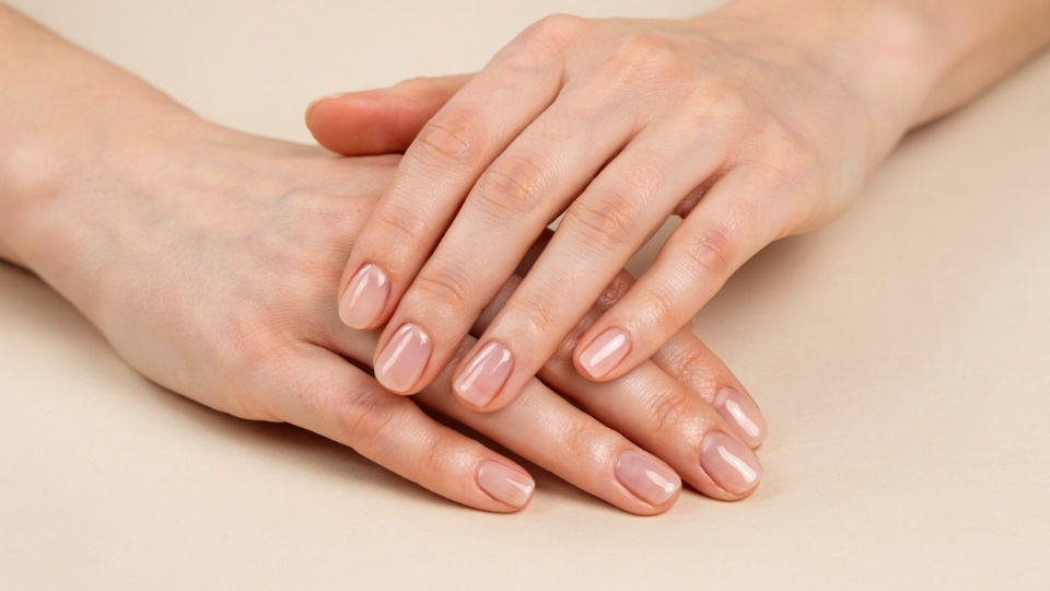 Short round nails with sheer blush pink polish and glossy finish creating a clean natural manicure style for everyday wear