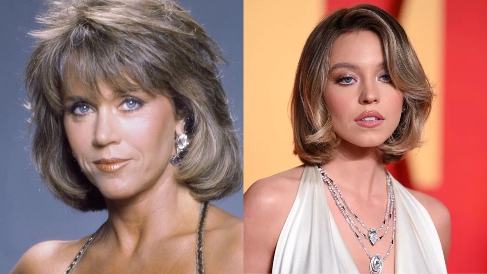 Short Feathered Mob Wife trend, showcasing iconic actress Jane Fonda alongside contemporary actress Sydney Sweeney sporting a modernized version