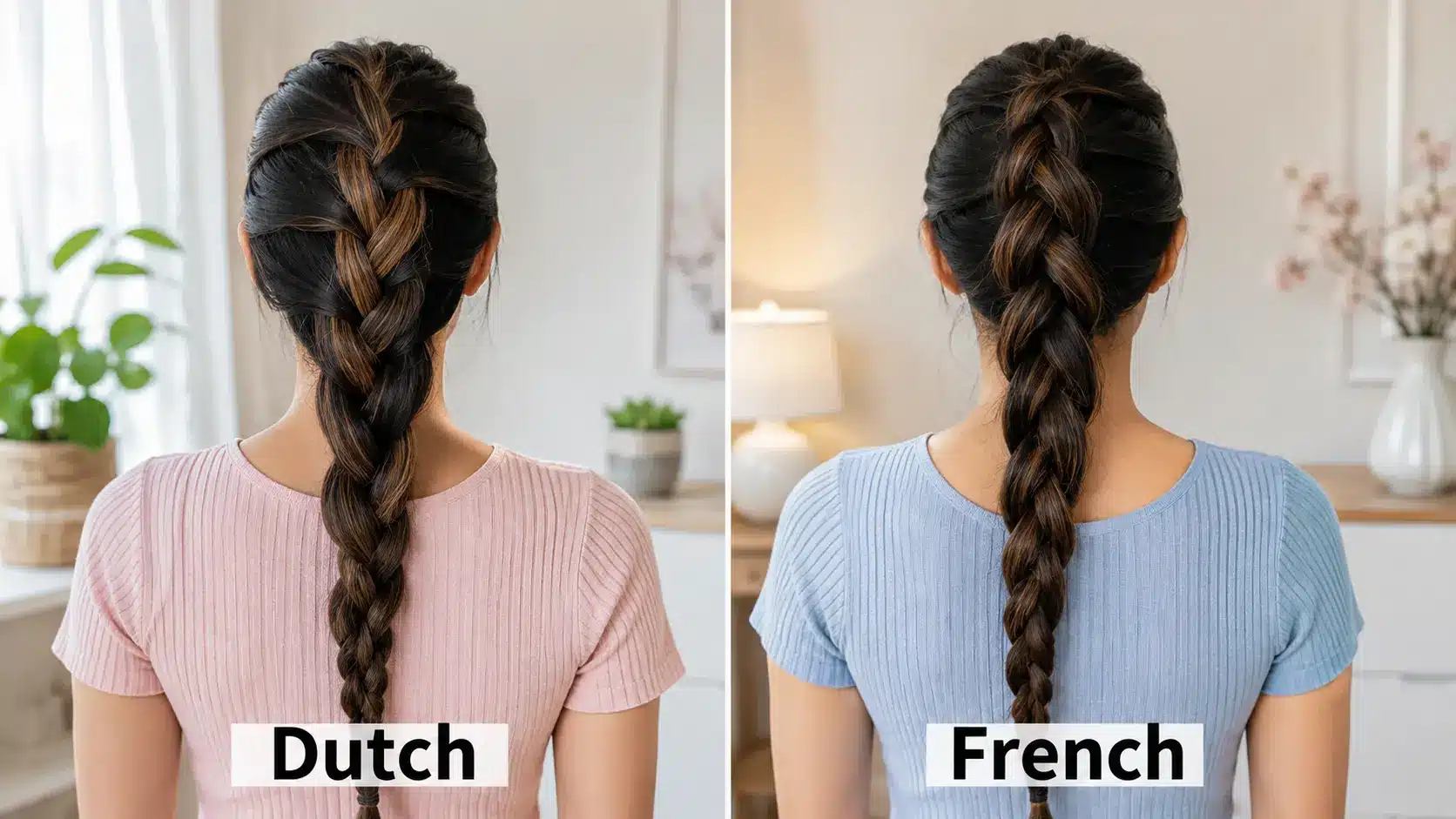 Side by side Dutch and French braids on dark highlighted hair, showing the raised and flatter braid patterns from the back
