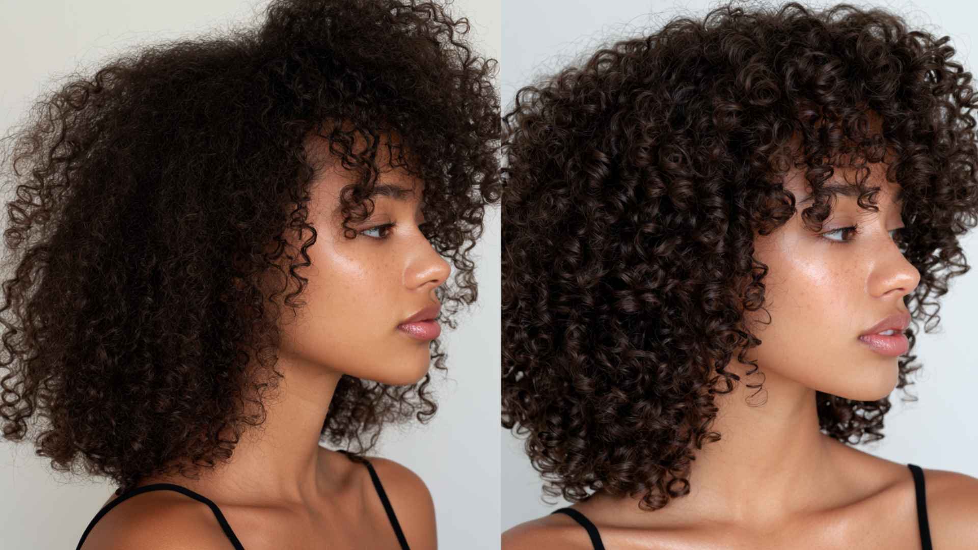 Side by side view of the same woman showing frizzy curls before rice water and smoother defined curls after four weeks