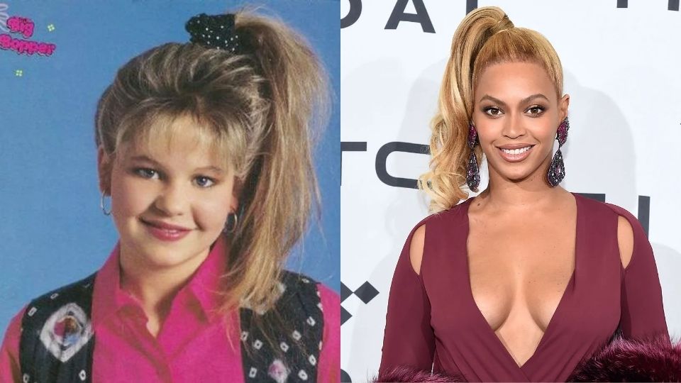 Candace Cameron Bure and Beyonce in side ponytail inspired 80s makeup look