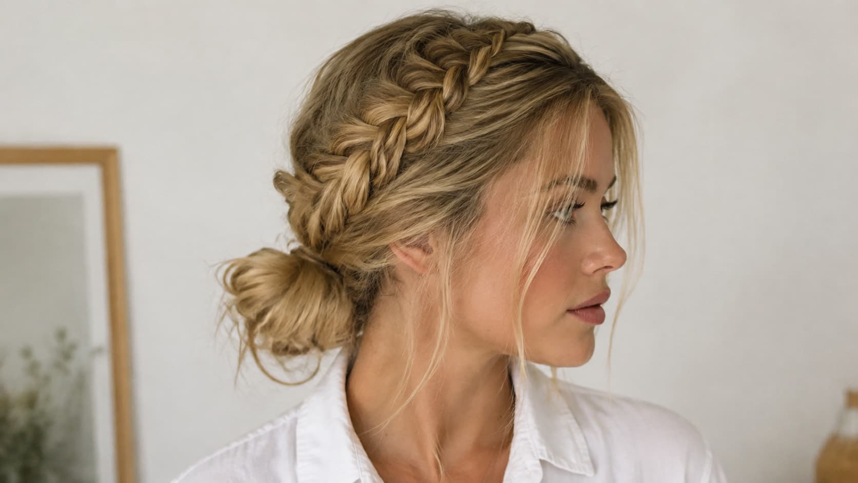 Side profile of a woman with blonde hair styled into a crown braid gathered into a messy low bun.