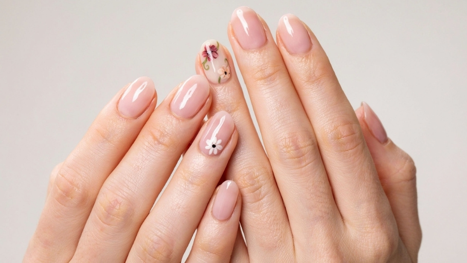Oval nails featuring delicate floral details with soft pink shades and glossy gel finish for an elegant manicure style