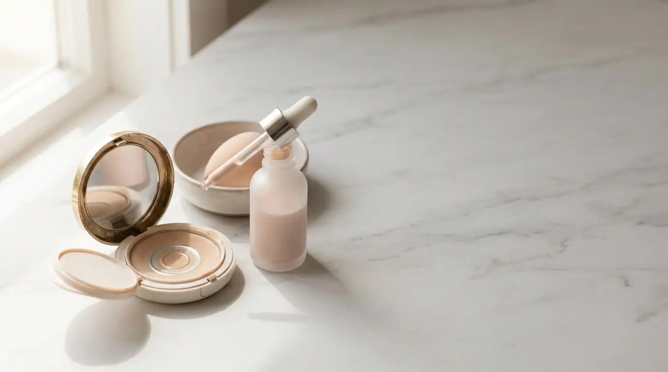 Makeup compact and foundation bottle with dropper on marble surface in natural light