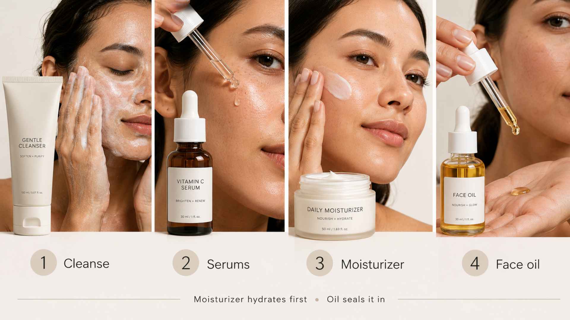 Skincare routine infographic showing cleanser serum moisturizer and face oil steps with realistic products and order guide