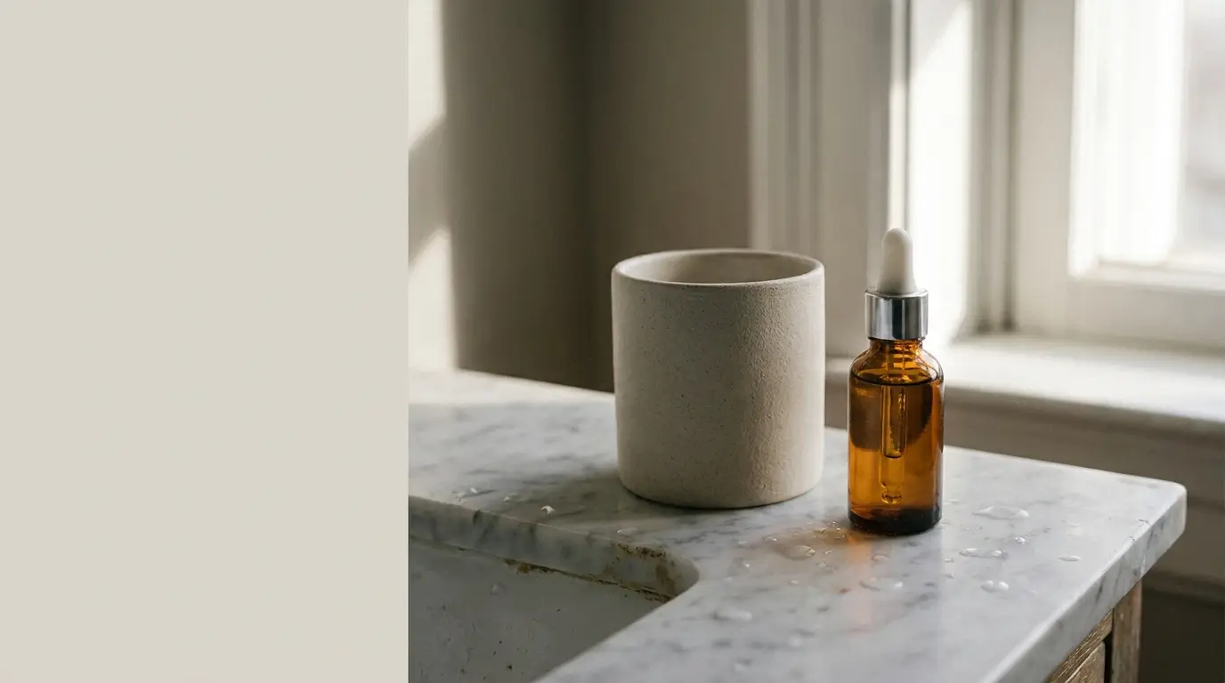 Amber dropper bottle and ceramic cup on marble countertop by window in soft daylight
