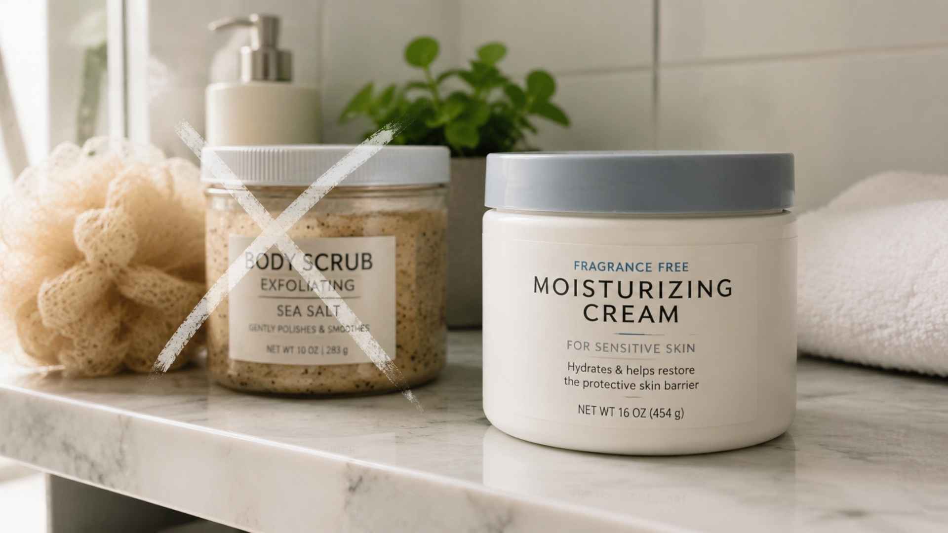 Bathroom shelf with scrub and loofah aside, gentle cream jar in focus
