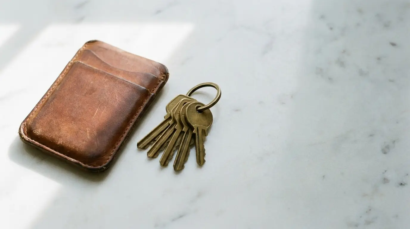 Leather wallet and brass keys on a marble surface in natural light
