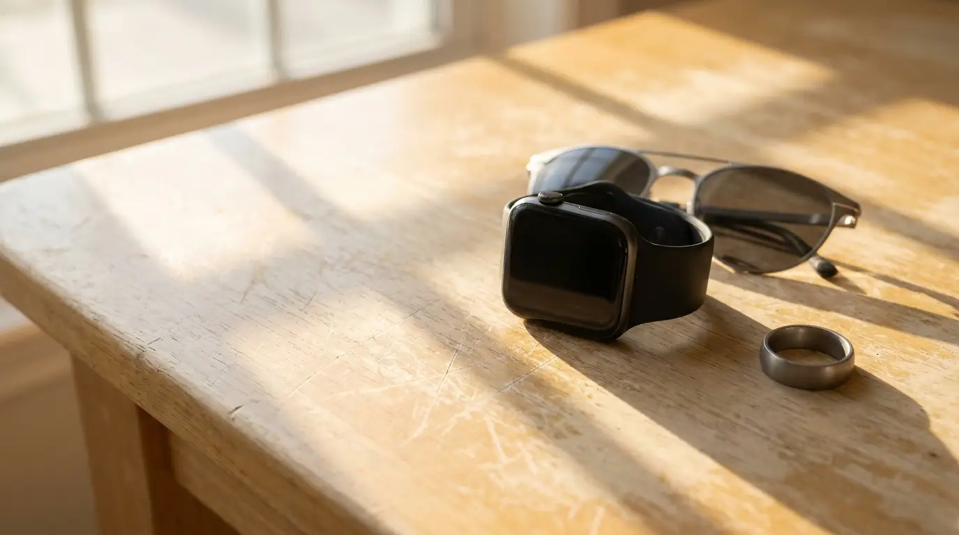 Smartwatch, sunglasses, and ring on wooden table in natural sunlight