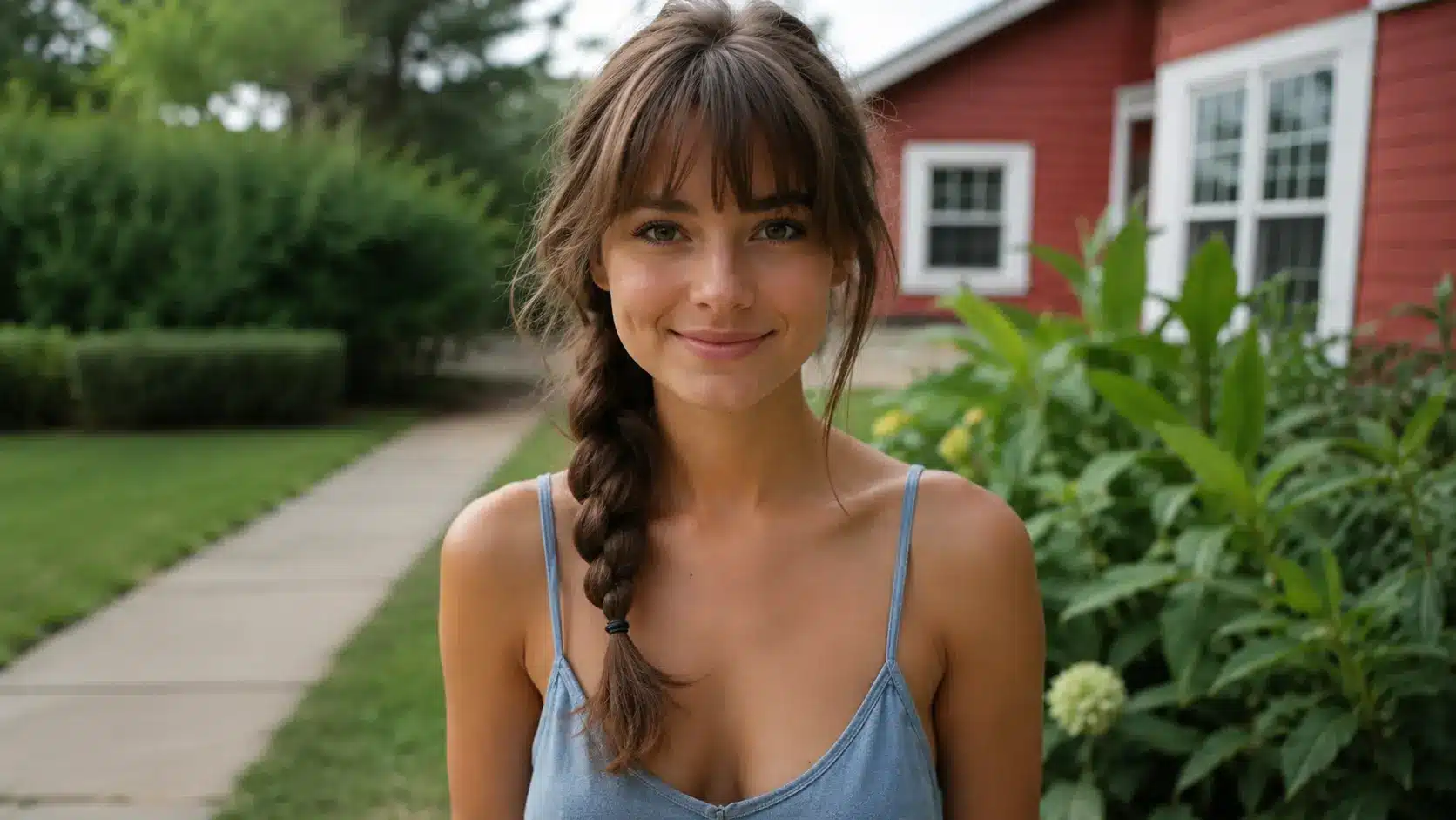 Smiling young woman with brown hair with bangs styled in a side braid, wearing a blue tank top outdoors.