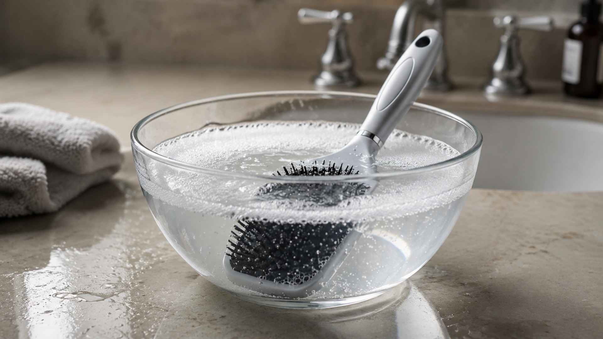 Hairbrush soaking in warm soapy water to loosen oil and product buildup