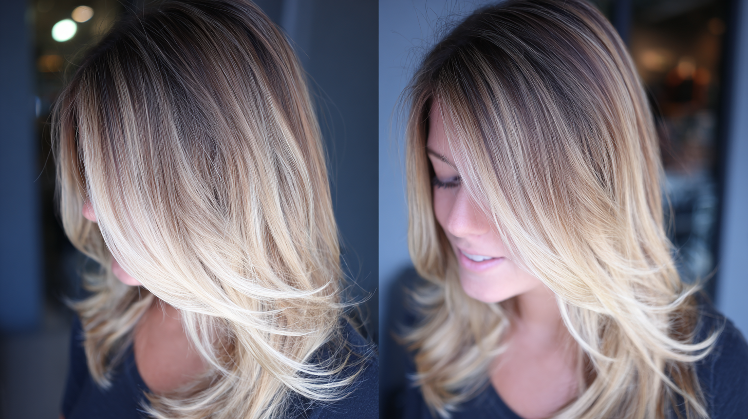 Dark roots blending into soft blonde balayage highlights on mid-lengths and ends