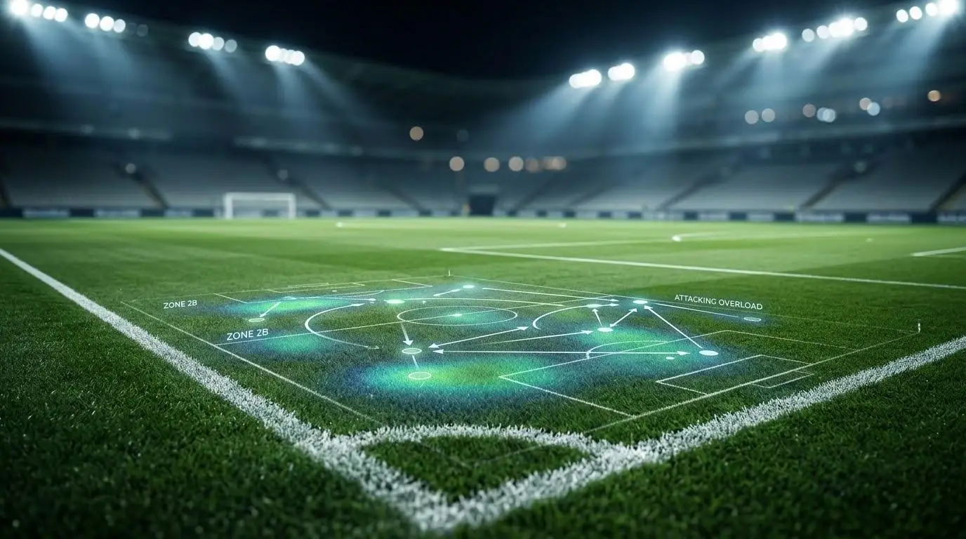 Soccer field at night with tactical diagrams projected on grass under stadium lights