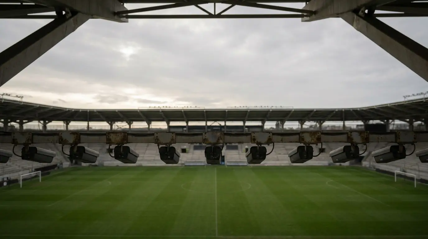 Empty football stadium with floodlights and overcast sky, green field visible