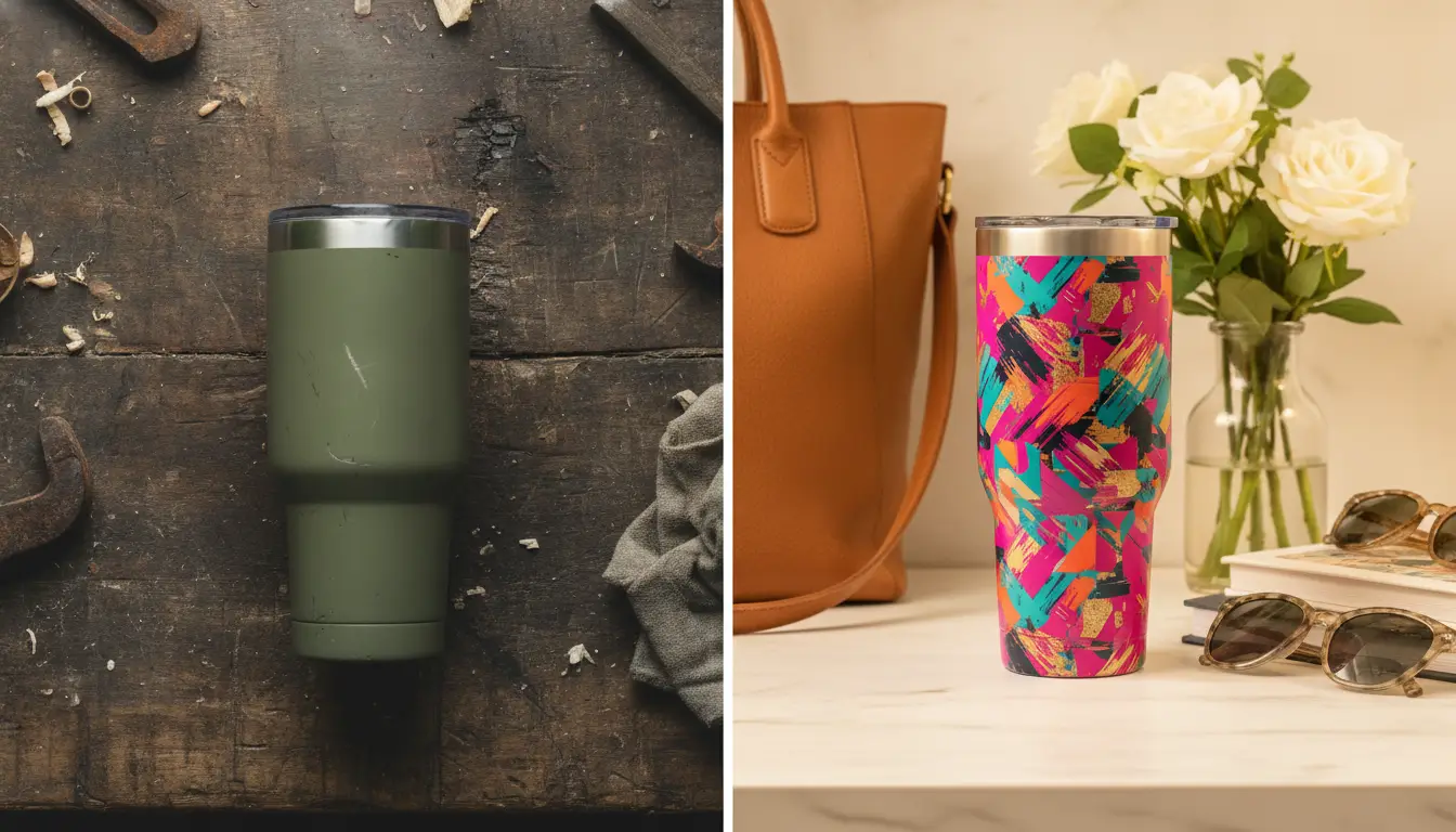 Olive green and colorful travel mugs on wooden and marble surfaces with tools and accessories nearby