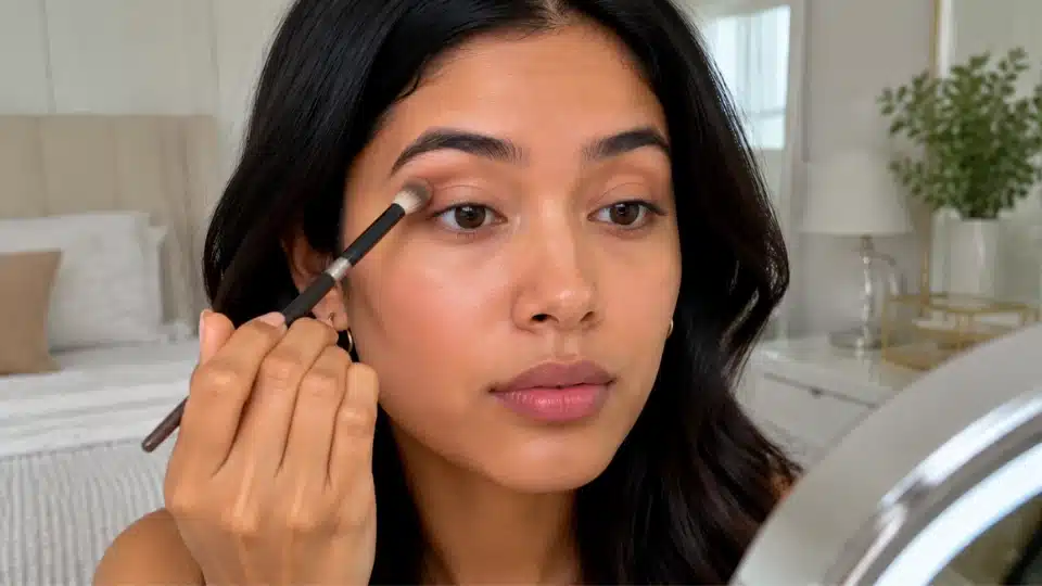 Woman blending transition eyeshadow above the crease while looking into a mirror with hooded eyes