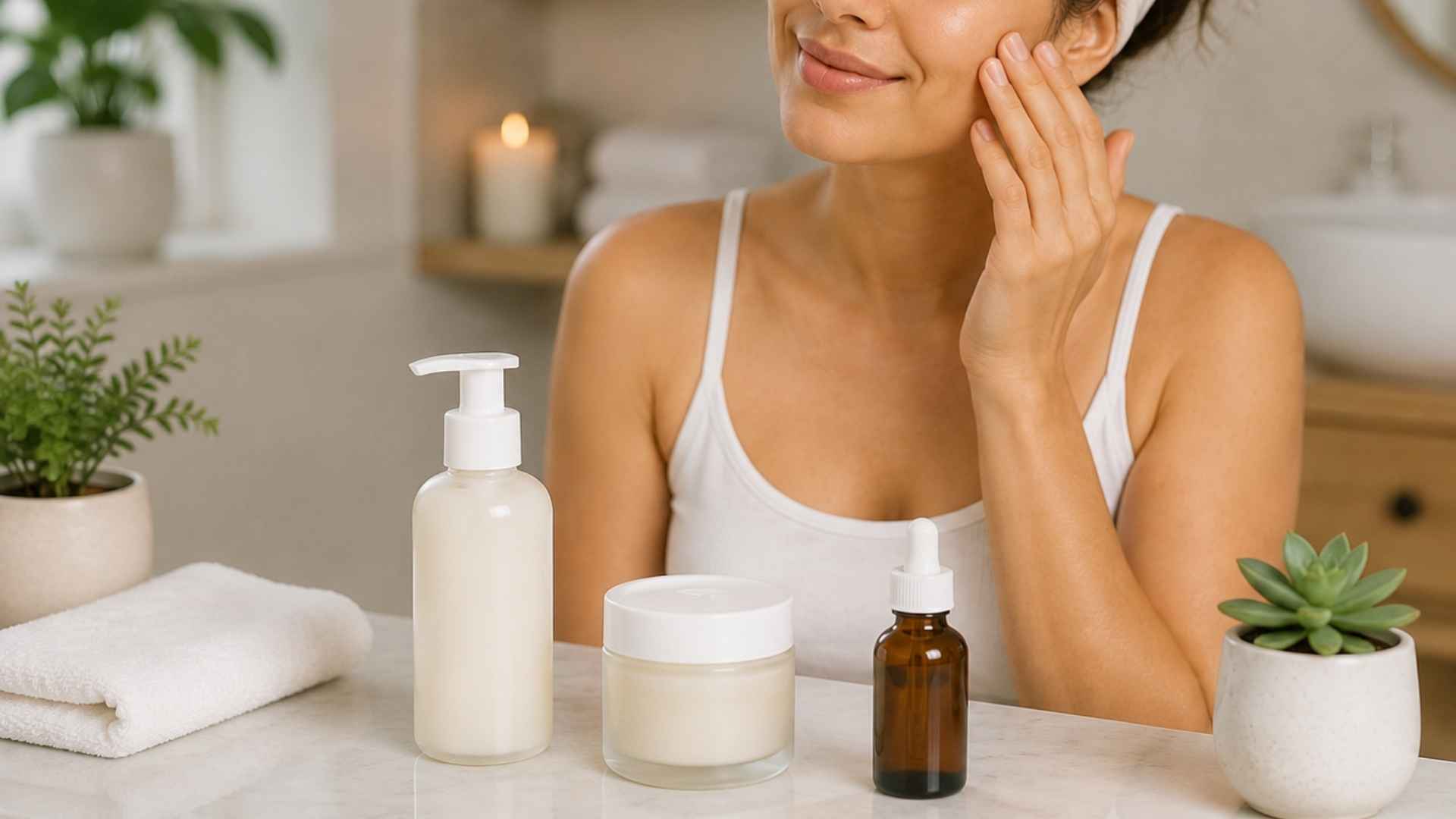 Woman applies skincare to her cheek beside lotion, cream, serum, folded towels and two potted plants