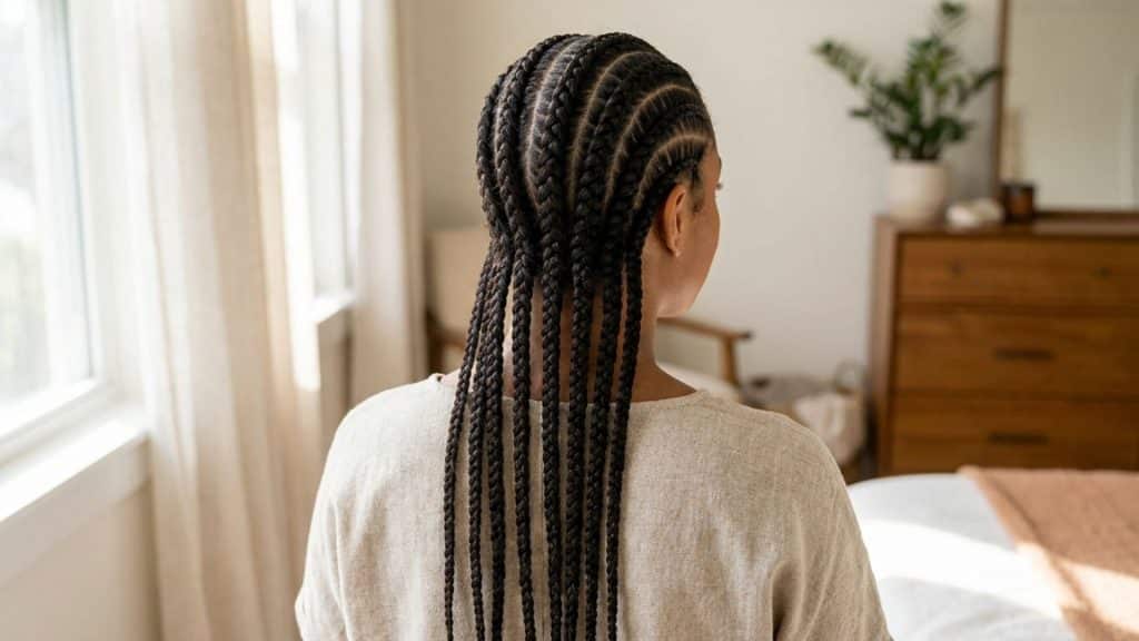 Woman showing neat stitch braids with raised cornrow patterns from a natural back view with detailed scalp parting and texture