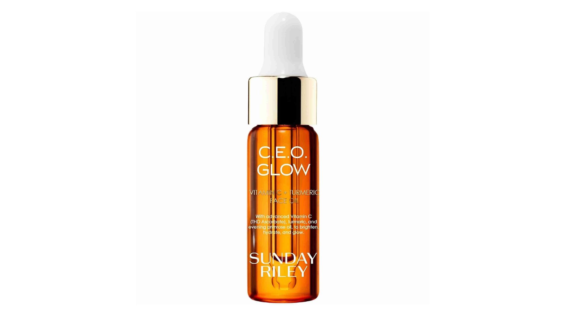 Sunday Riley CEO Glow Vitamin C and Turmeric Face Oil in an amber glass bottle with gold collar and white dropper