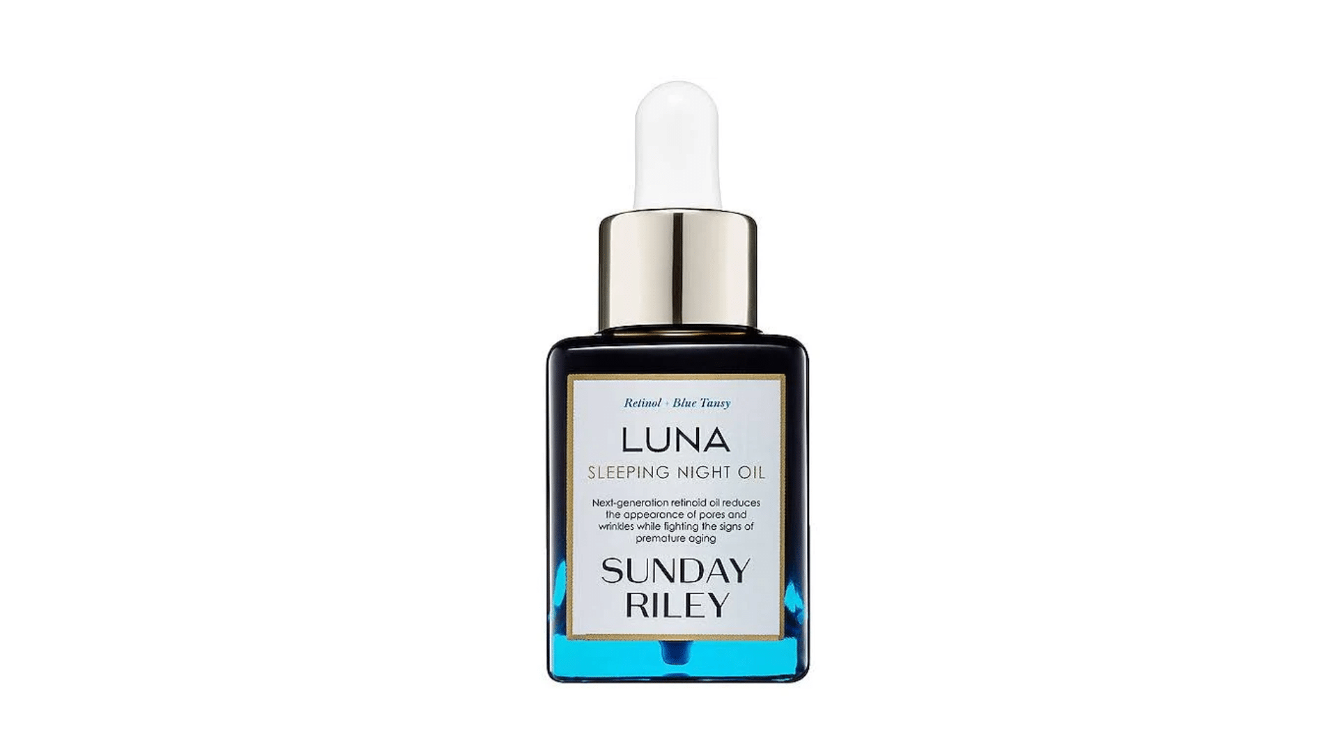 Sunday Riley Luna sleeping night oil bottle with blue glass packaging and white dropper cap displayed on white background