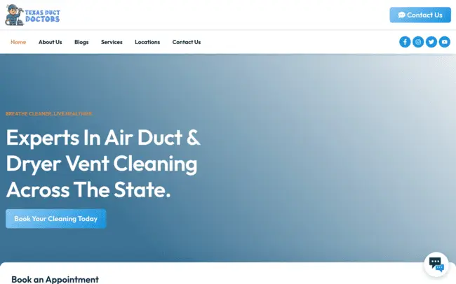 Website homepage with gradient background and text promoting air duct cleaning services