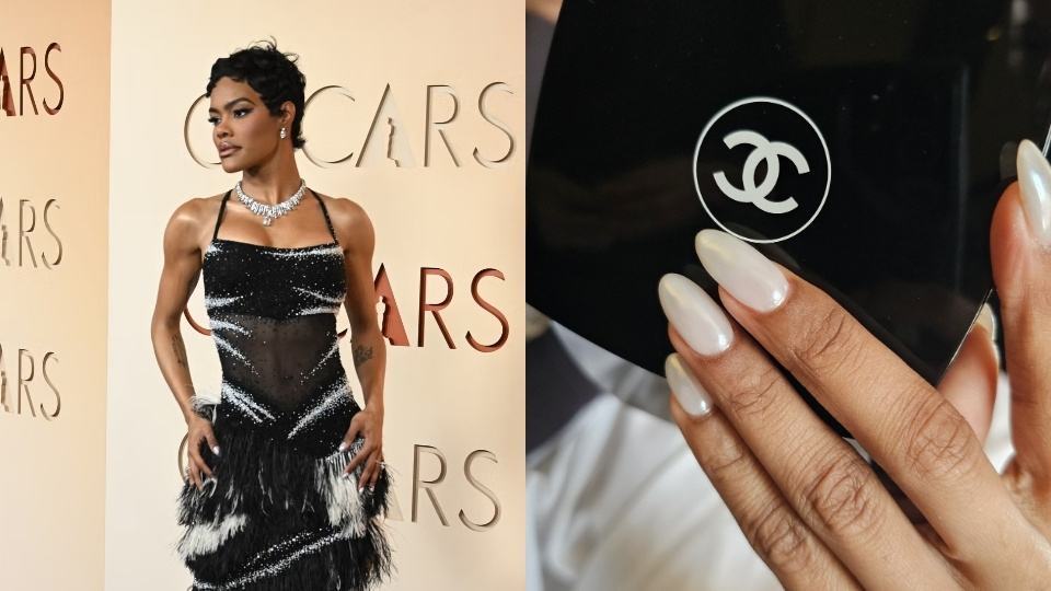 Teyana Taylor wore a pearl-finish manicure built from a milky base with a soft chrome top coat to Oscar 2026