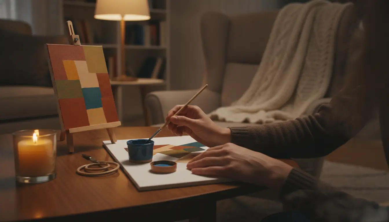 Person painting abstract art on canvas in cozy living room with candlelight