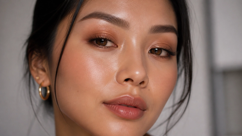 Woman with hooded eyes wearing warm bronze eyeshadow with subtle lower lash definition and a glowing finish