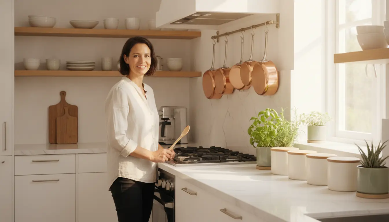Woman holding wooden spoon in bright kitchen with copper pots and herb plants