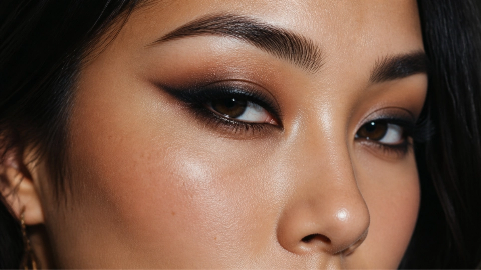 Woman with hooded eyes wearing a soft low smoky wing with blended shadow along the upper lash line