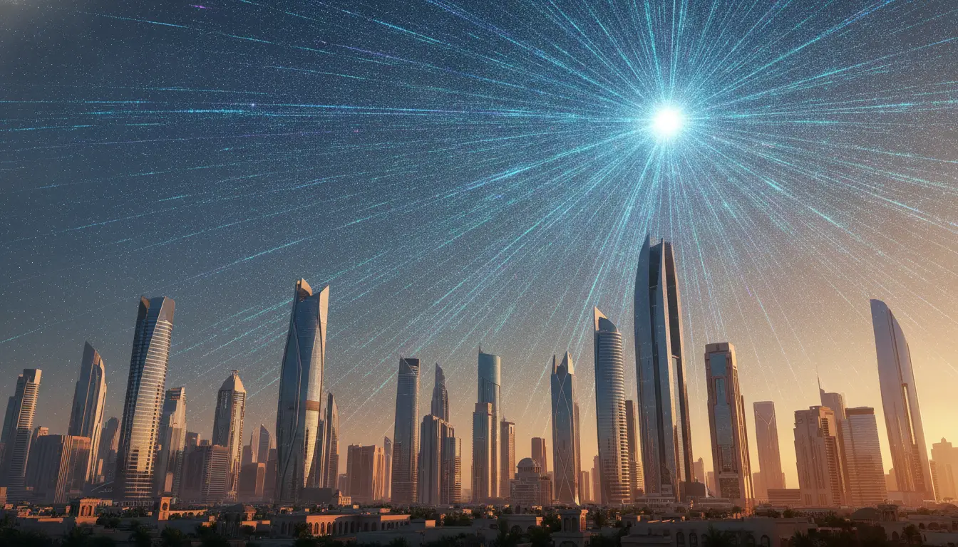 Futuristic city skyline at sunset with radiating light effect in the sky