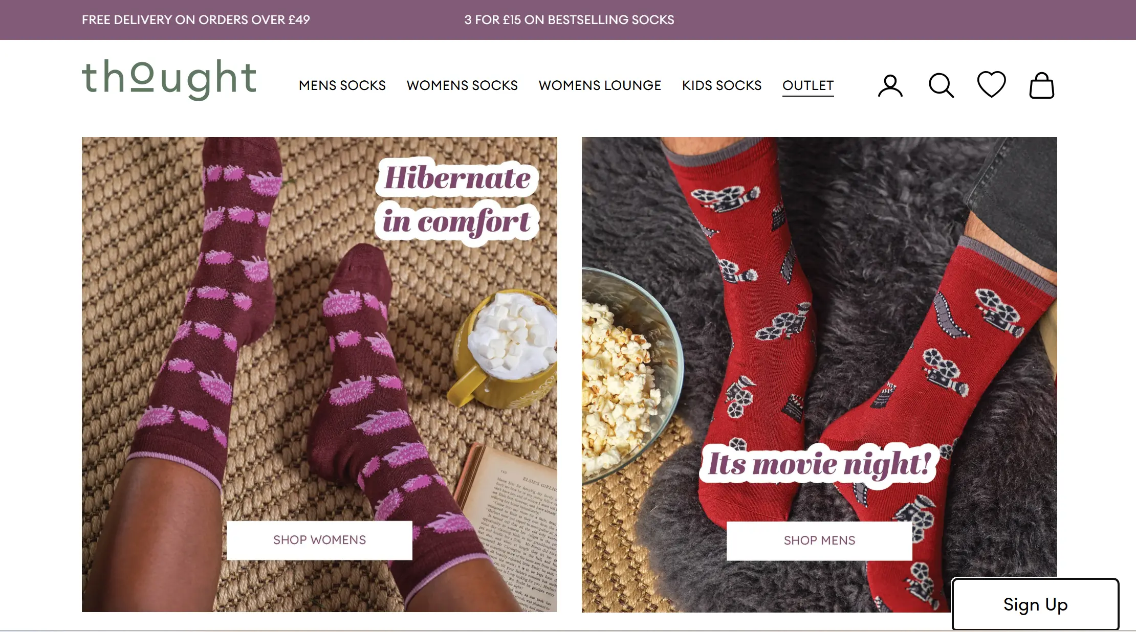 Thought website homepage featuring banner cards for women's and men's patterned socks.