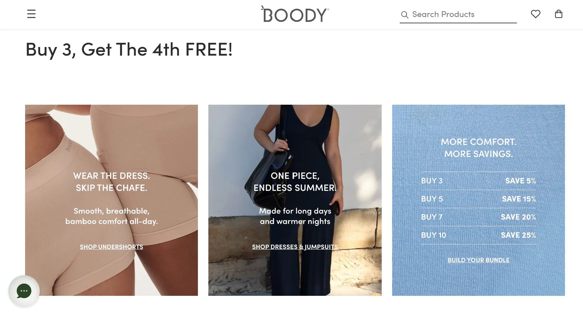 Three product promo cards featuring undershorts, dresses, and a bundle savings tier card.