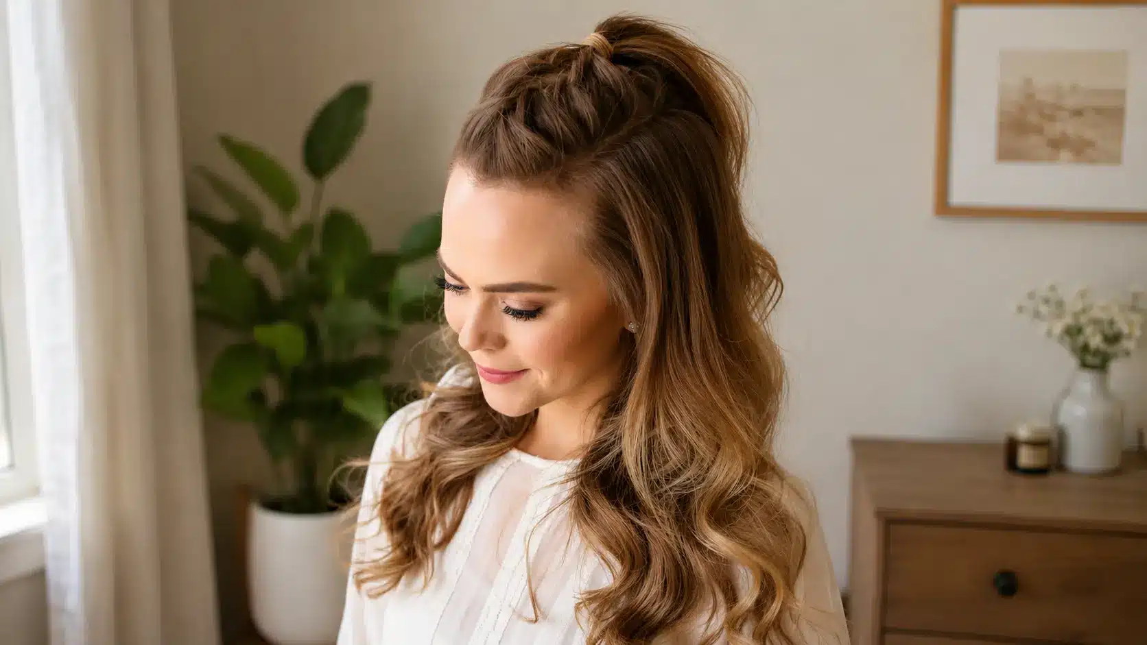 Three-quarter view of a woman looking down with long, wavy brown hair styled in a braided half-up high ponytail, wearing a white top indoors.
