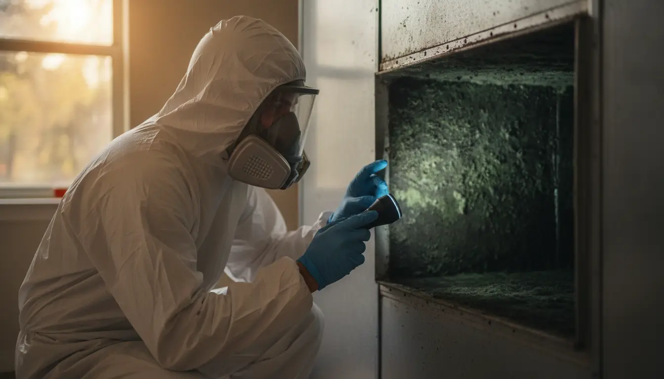 Person in protective suit inspecting mold inside a vent with flashlight indoors