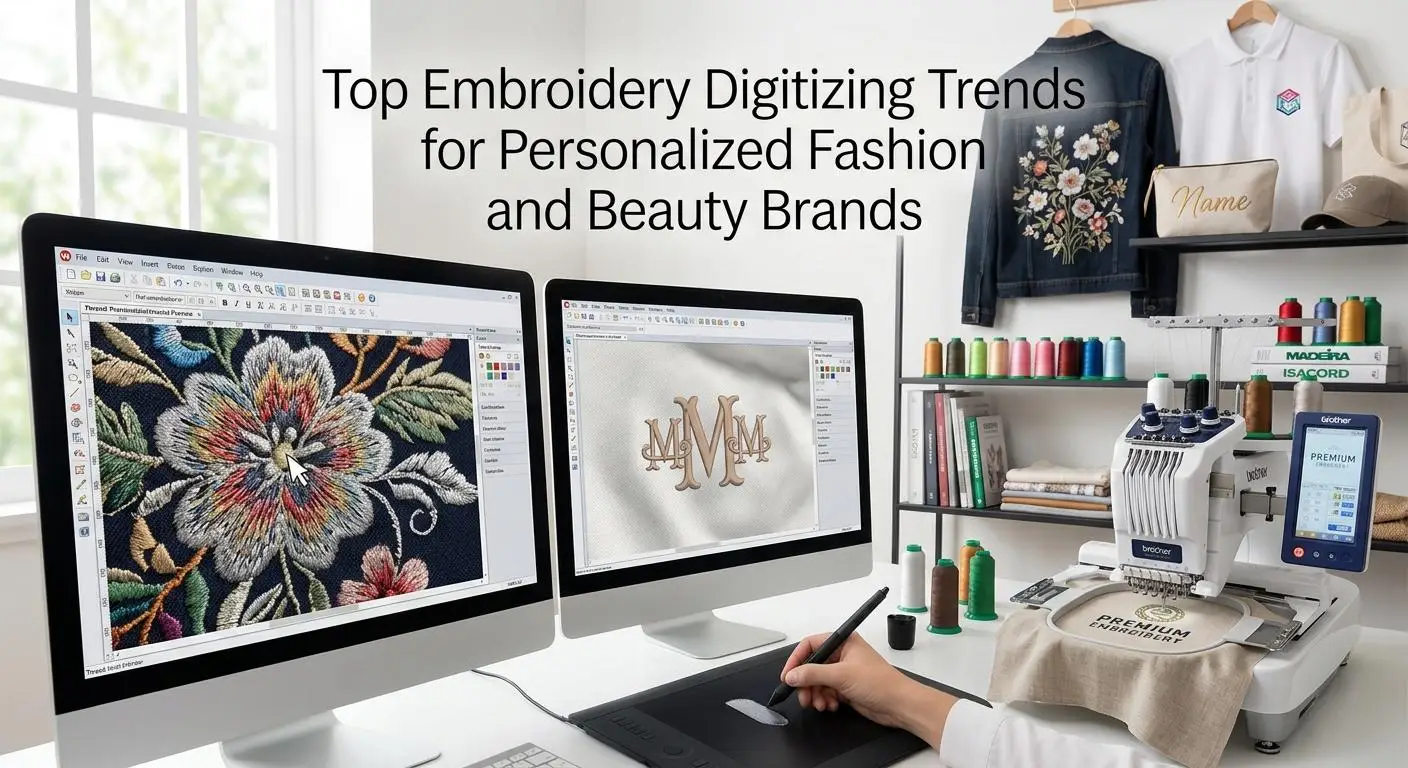 Dual monitors displaying embroidery software in modern workspace with sewing machine and colorful threads