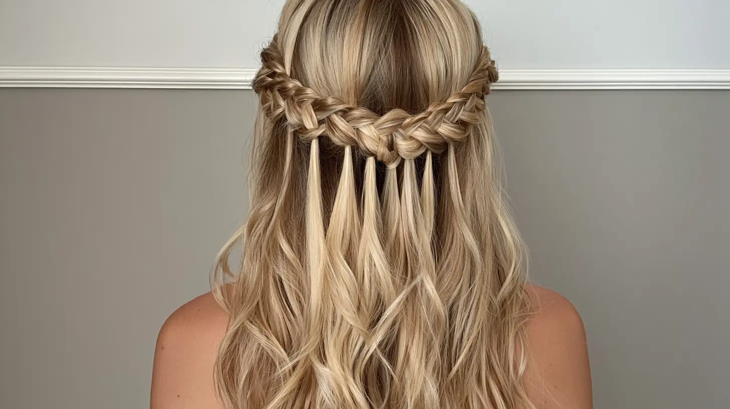 Back view of a woman with long blonde hair styled in a half-up waterfall braid against a neutral wall backdrop.