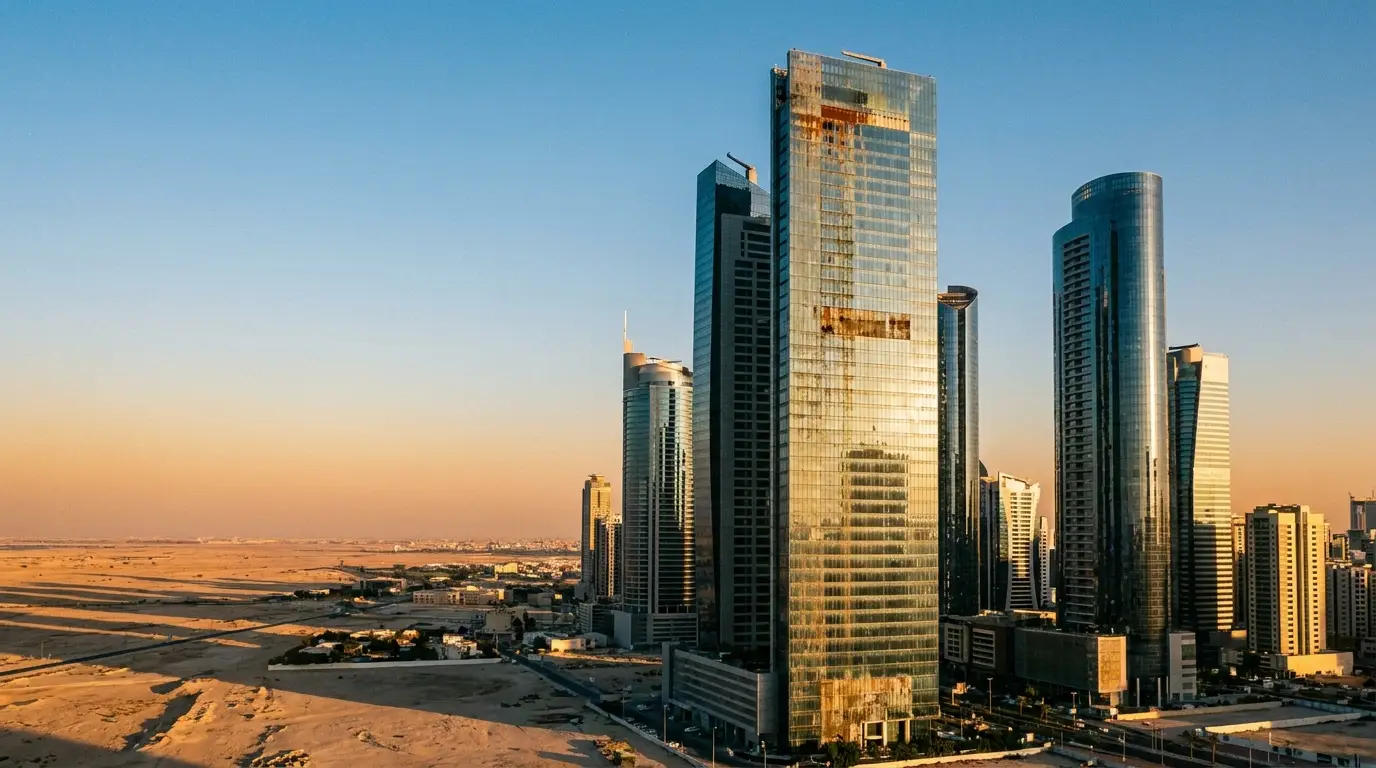 Skyscrapers reflecting sunset in a desert cityscape with clear blue sky