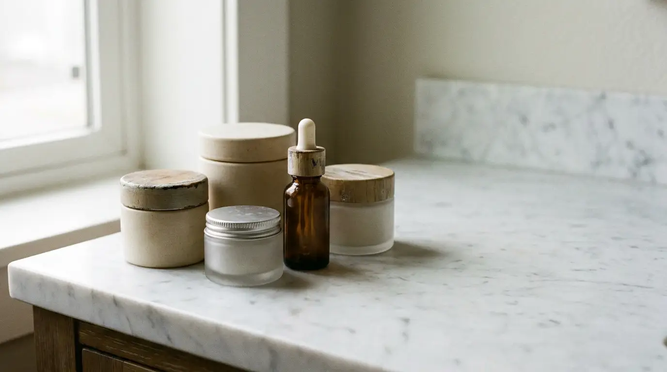 Natural skincare jars and bottles on white marble countertop in soft daylight