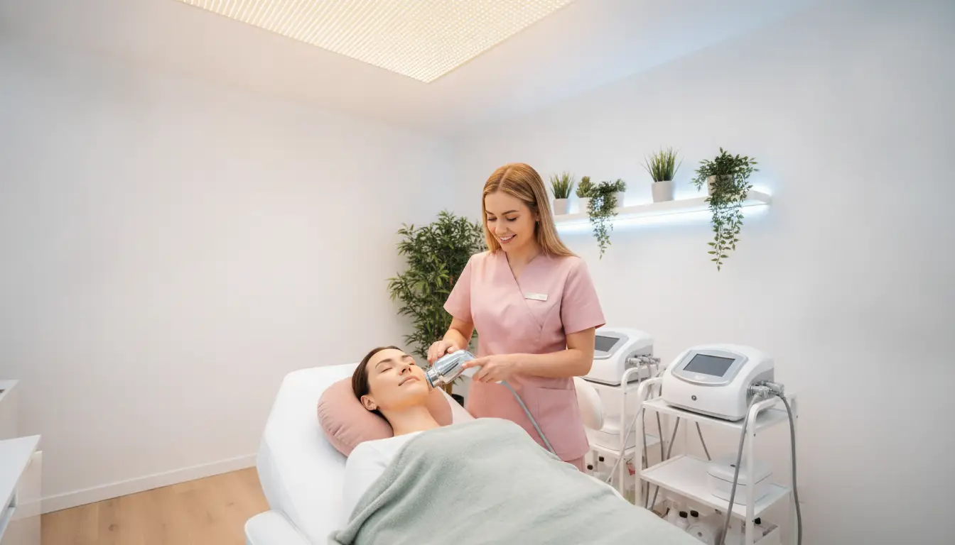 Aesthetician performing facial treatment on client in modern spa with soft lighting and greenery