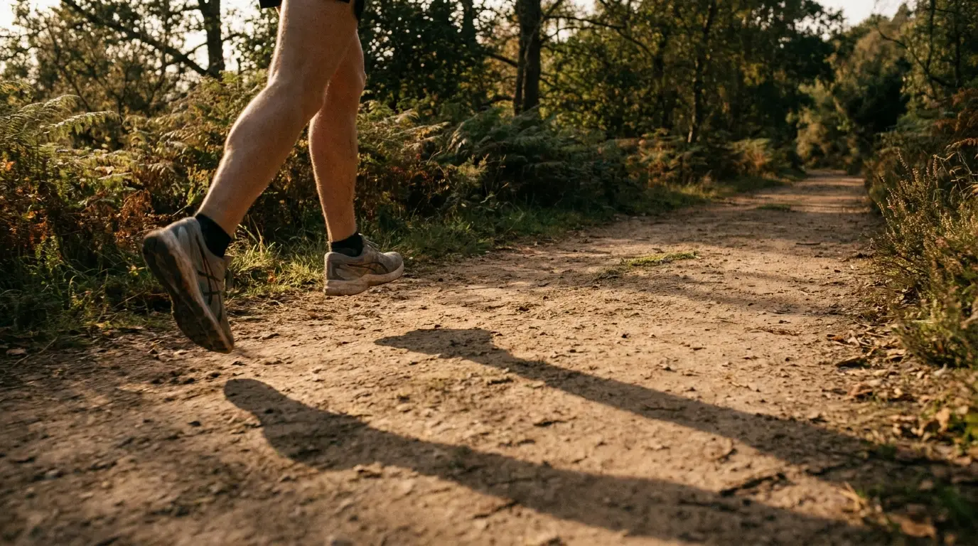Runner's legs on a sunny forest trail with trees and foliage in the background