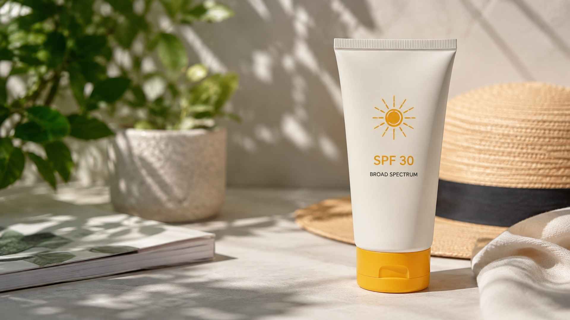 SPF 30 sunscreen tube beside one straw hat, leafy plant and book on a sunlit table with soft shadows